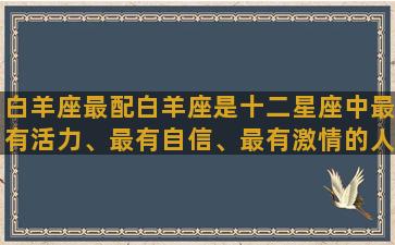 白羊座最配白羊座是十二星座中最有活力、最有自信、最有激情的人，而所谓的“最配”也会因很多因素而有所不同。以下我们将从性格、爱情、友谊等方面入手探讨白羊座的最佳配